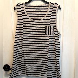 Lane Bryant T in 14/16.  It’s gray and navy and slimming.